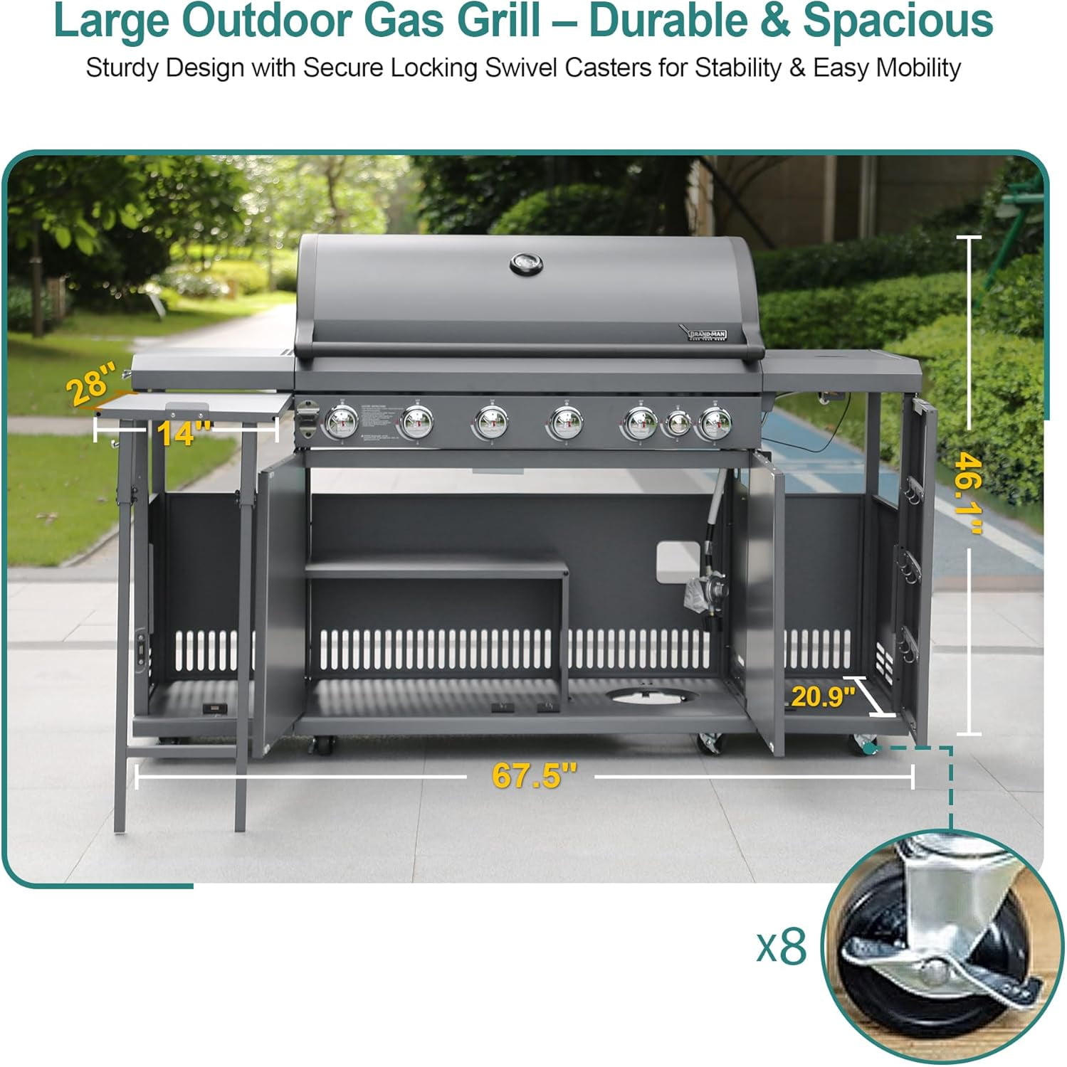 Brand Man 6-Burner Outdoor Gas Kitchen Grill Island with Side Burner, BBQ Station with Storage Cabinets and Fold-out Prep Table, LPG/NG Convertible