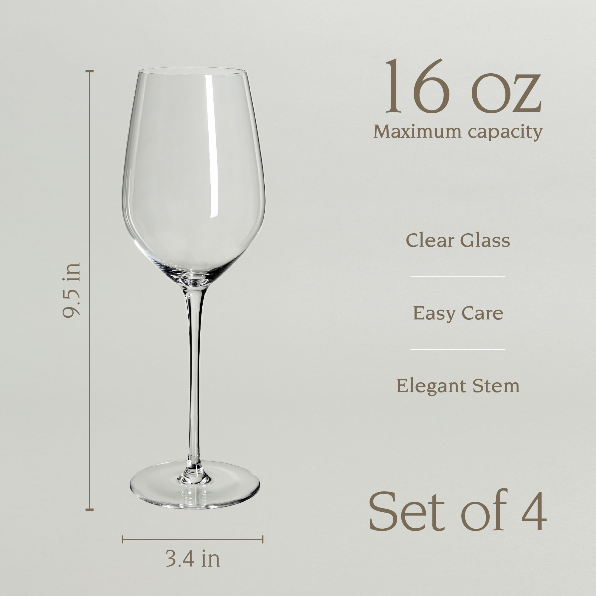 over&back 16oz Traditional Glassware - Set of 4 Classic Stem Drinking Glasses for Parties, Get-togethers, and More - Mouth-Blown - Wine Cups for Kitchen and Dining Room - Clear