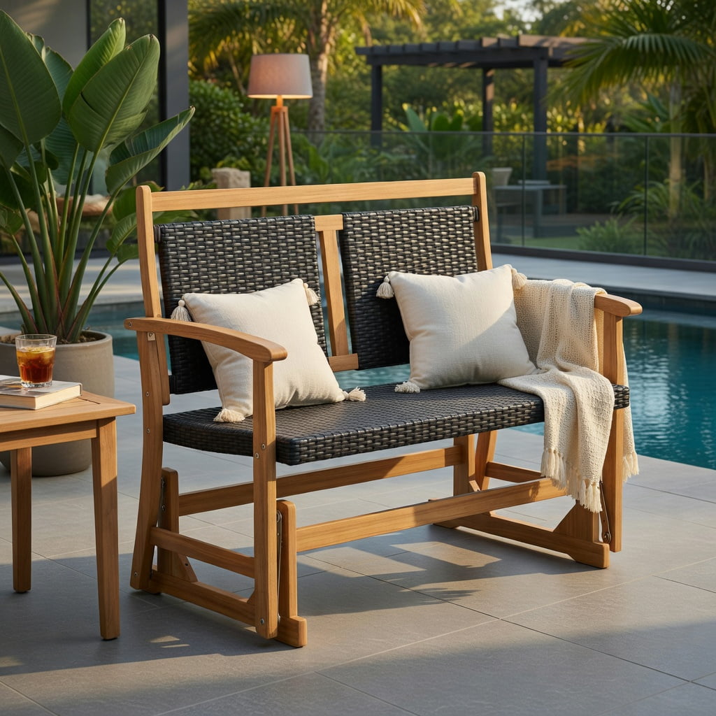 Hommoo 2-Person Outdoor Glider Bench with PE Rattan Seat & Back, Acacia Wood Frame, Sturdy Metal Base, for Patio, Backyard, Balcony Seating, Brown