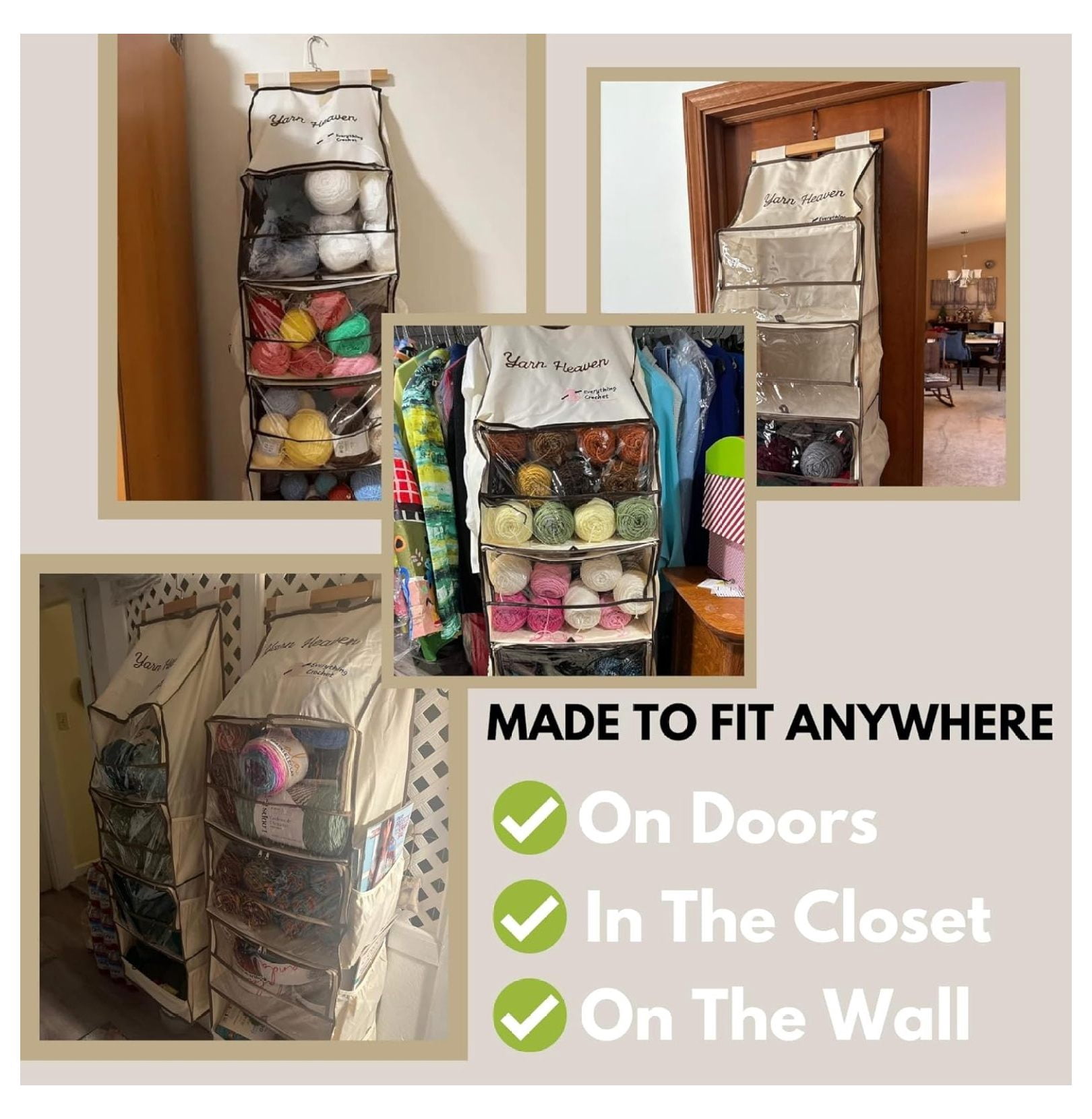 Yarn Heaven Storage Organizer – Over The Door & Closet Hanging Yarn Bag for Crochet & Knitting, Skein Holder Holds 200+ Skeins with Clear Pockets for Yarn Stash, & Needles