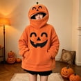 thumbnail image 3 of Halloween Hoodies for Women Oversized Pumpkin Face Print Pullover Sweatshirt Orange Hoodie with Pockets & Pumpkin-Shaped Hood, 3 of 7
