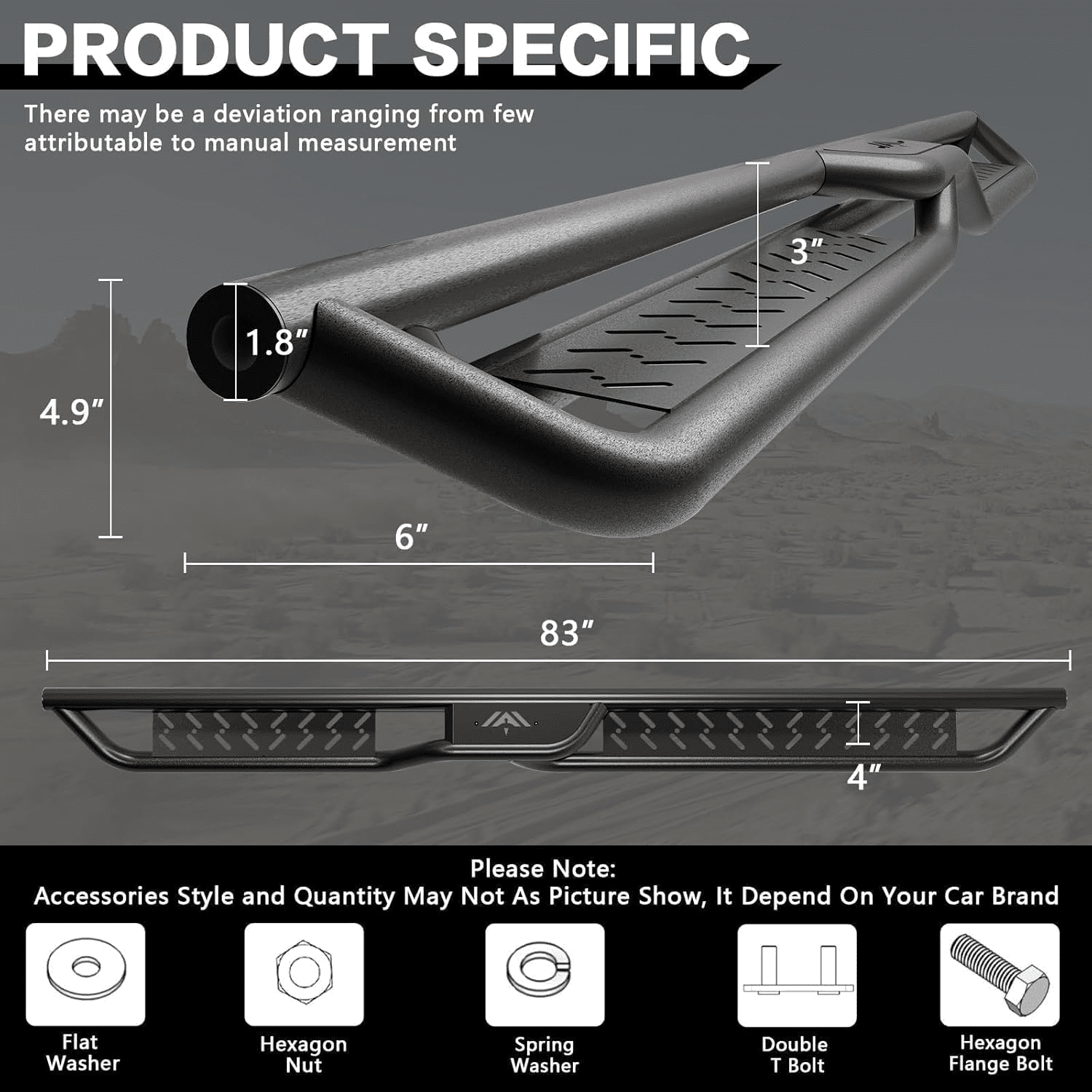 TPA Running Boards & Side Steps for 2024 2025 2026 Toyota Tacoma Double/Crew Cab (4 Full Size Doors) Black Carbon Steel Rails Nerf Bars