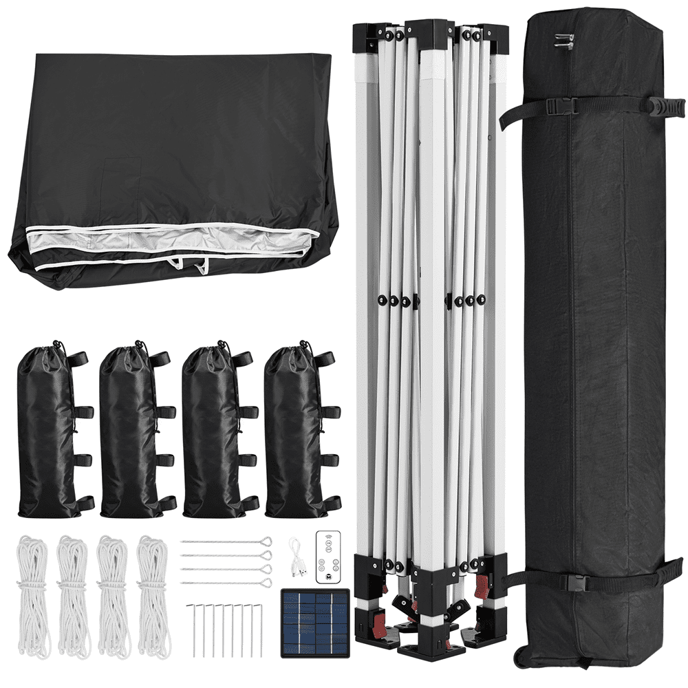 Alden Design 10 ft Pop-Up Canopy Tent W/ 17 Solar LED Lights Sandbags Roller bag for Outdoor, Black
