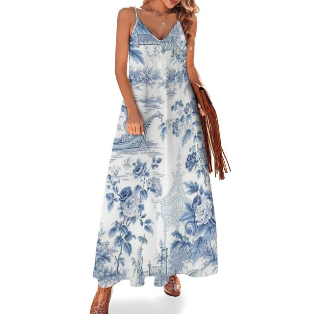 Vestido sin mangas de chinoiserie azul polvoriento vestidos de cumpleaños para mujeres Vestido largo de verano para mujer vestidos de verano mujer