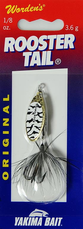 Yakima Bait Worden's Original Rooster Tail Lure, White & Black Tiger, 1/8 oz.