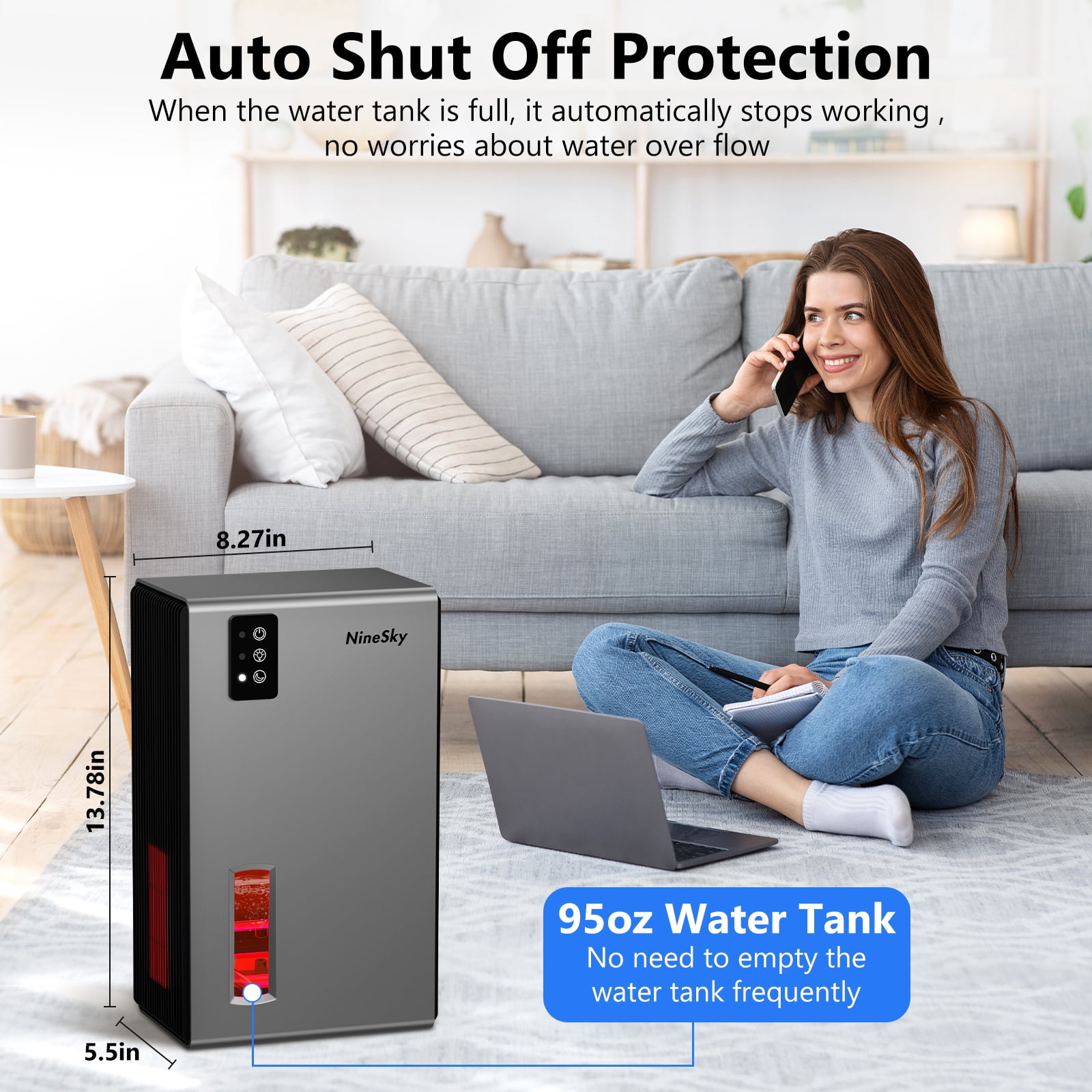 Aumpkin Dehumidifier for Home, 95 OZ Water Tank, (1000 sq.ft) Dehumidifiers for Bathroom Bedroom Basement with Auto Shut Off,7 Colors LED Light (Gray)