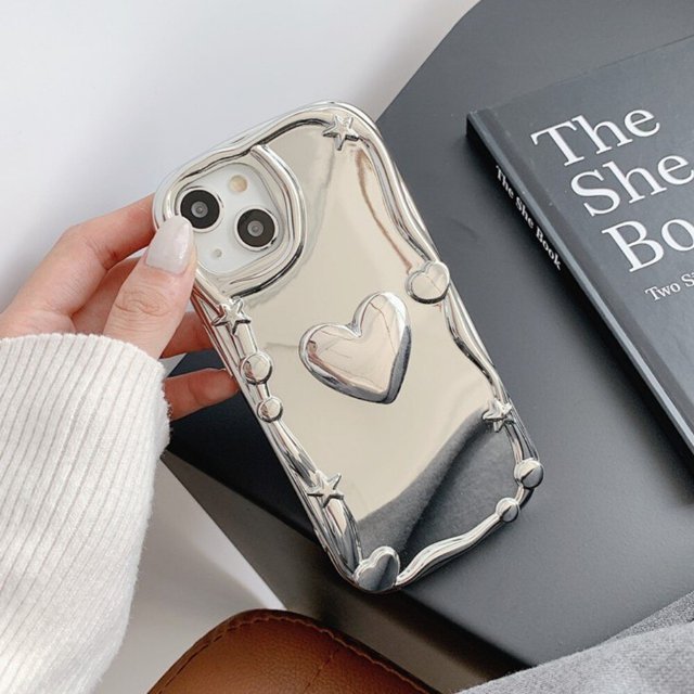 Funda de teléfono con correa de cadena de perlas de corazón 3D chapada en plata de estrella de Corea Y2K para iPhone 14, 13, 12, 11 Pro Max, X, XS, XR, 7, 8, regalo de concha suave Fivean unisex