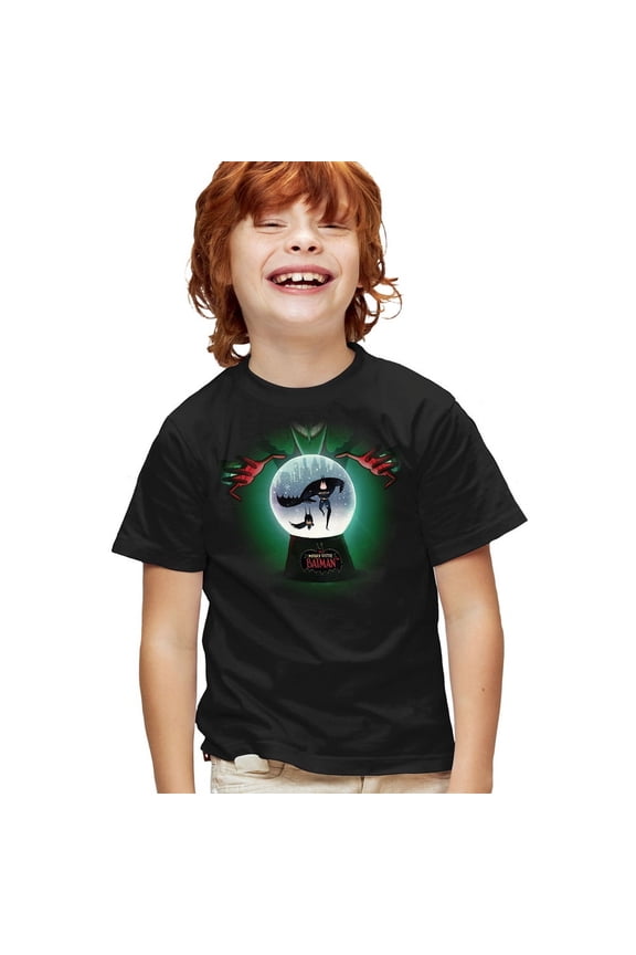 Merry Little Batman Snowglobe Kids T Shirt for Youth Boys and Girls, Black, Large