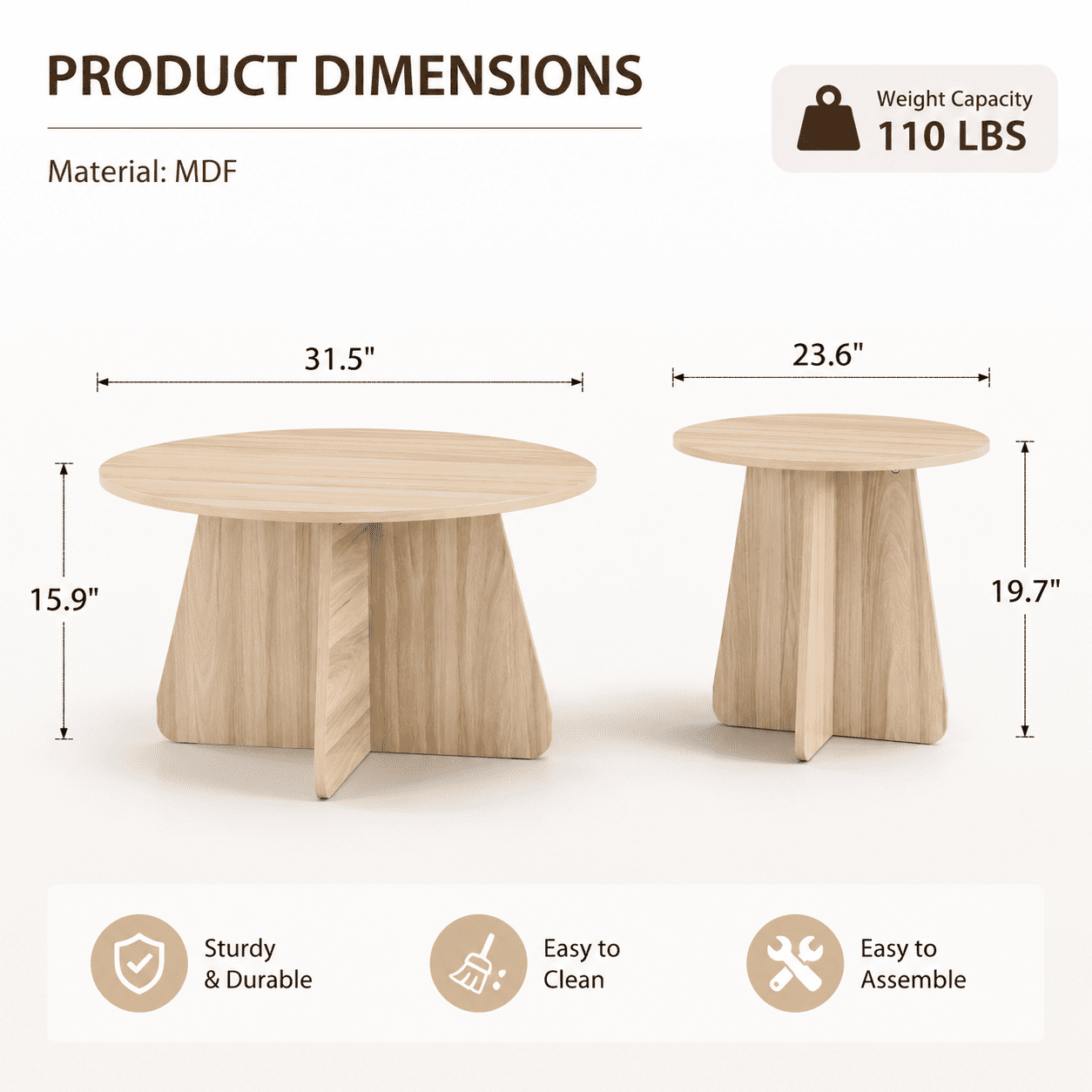 Retro Round Nesting Coffee Table Set of 2, Wood Grain Veneer MDF with Crisscross Legs, Walnut & Natural Wood Finish, Space Saving Stackable Side Tables for Living Room Small Apartment