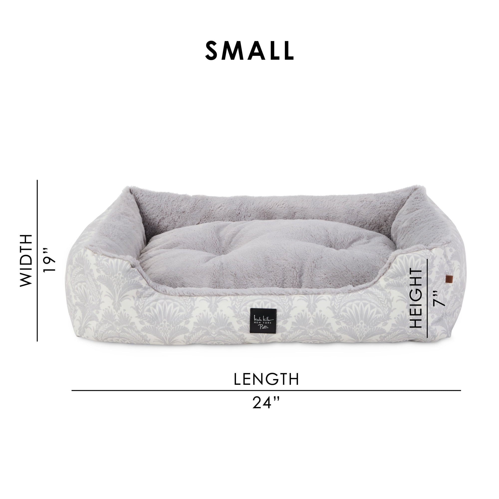 NICOLE MILLER NEW YORK PET Mod Damask Plushy Bolster Pet Bed, Cozy & Calming, Water Repellent, Non-Slip Bottom, 100% Machine Washable, Grey, Small 24"x19"x7"