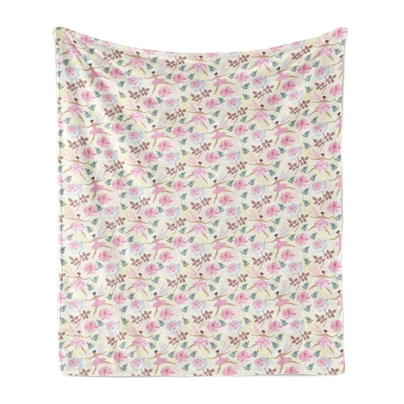 Ballerina Soft Flannel Fleece Throw Blanket, Pastel Love Dancer Fairy with Wings Flying with Roses and Floral Motifs Print, Cozy Plush for Indoor and Outdoor Use, 60" x 80", Multicolor, by Ambesonne