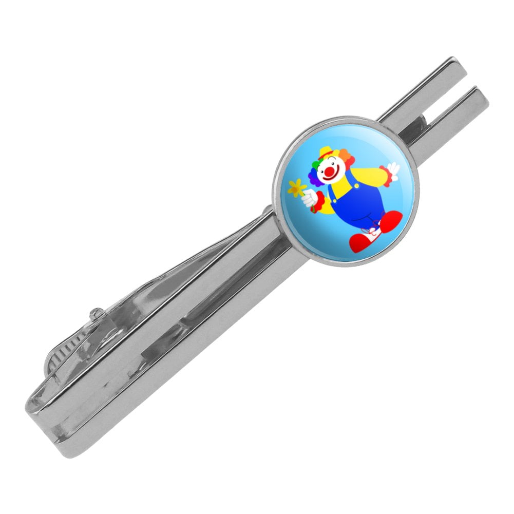 Clown with Flower and Big Shoes Round Tie Bar Clip Clasp Tack Silver Color Plated
