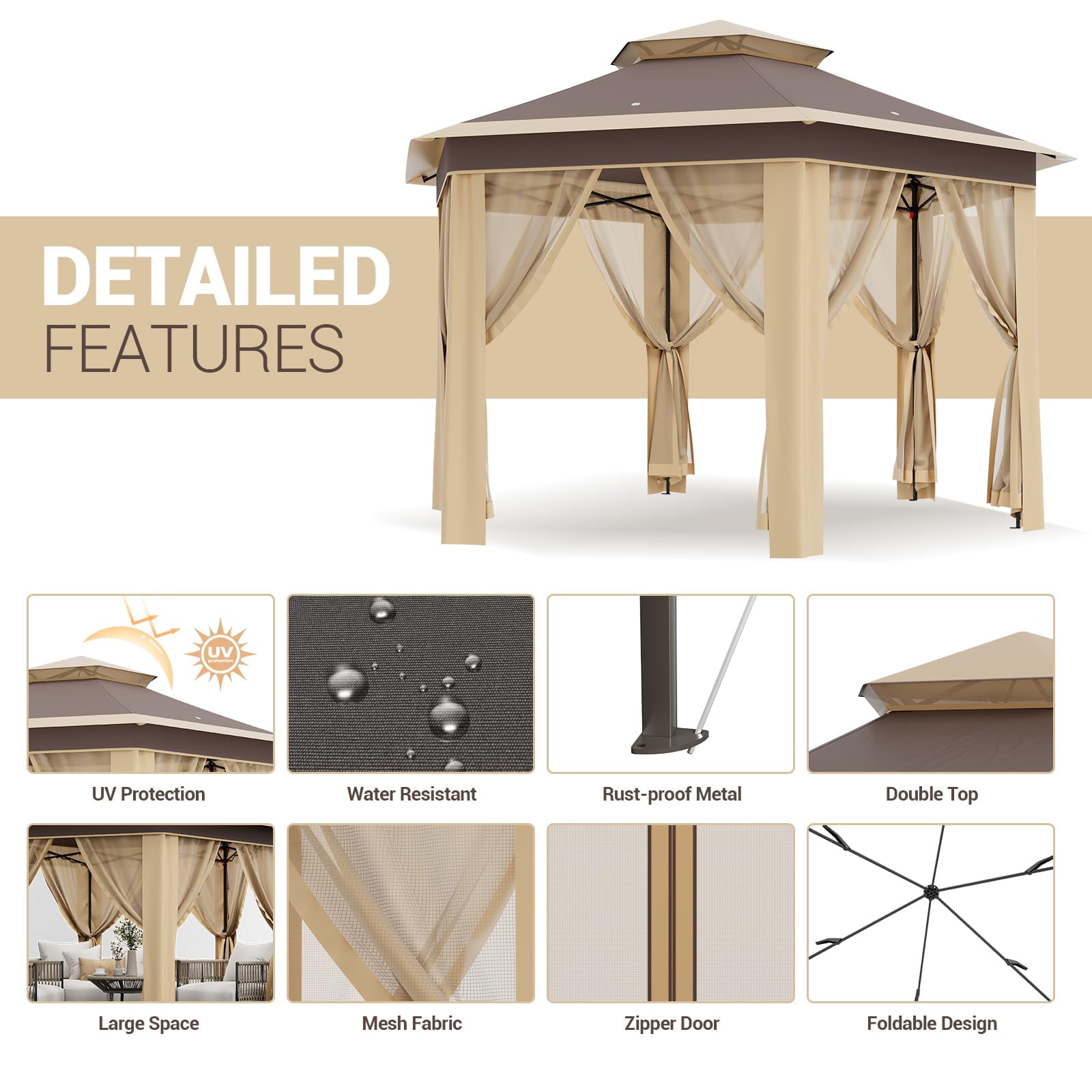 TROPOW Gazebos for Gardens,All Seasons Gazebos,with Adjustable Heights,Outdoor Gazebo for Backyard & Patio Furniture,Pop Up Tent,Khaki