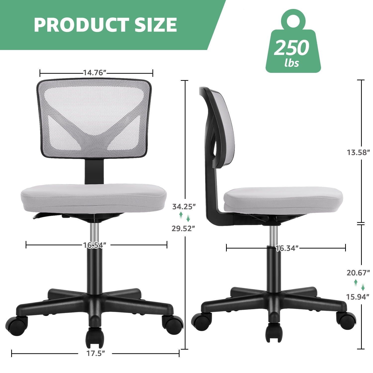 MAYEERTY Home Office Desk Chair, Armless Mesh Computer Chair Small Space Swivel Adjustable Low Back Task Chair for Teens/Adults, Gray