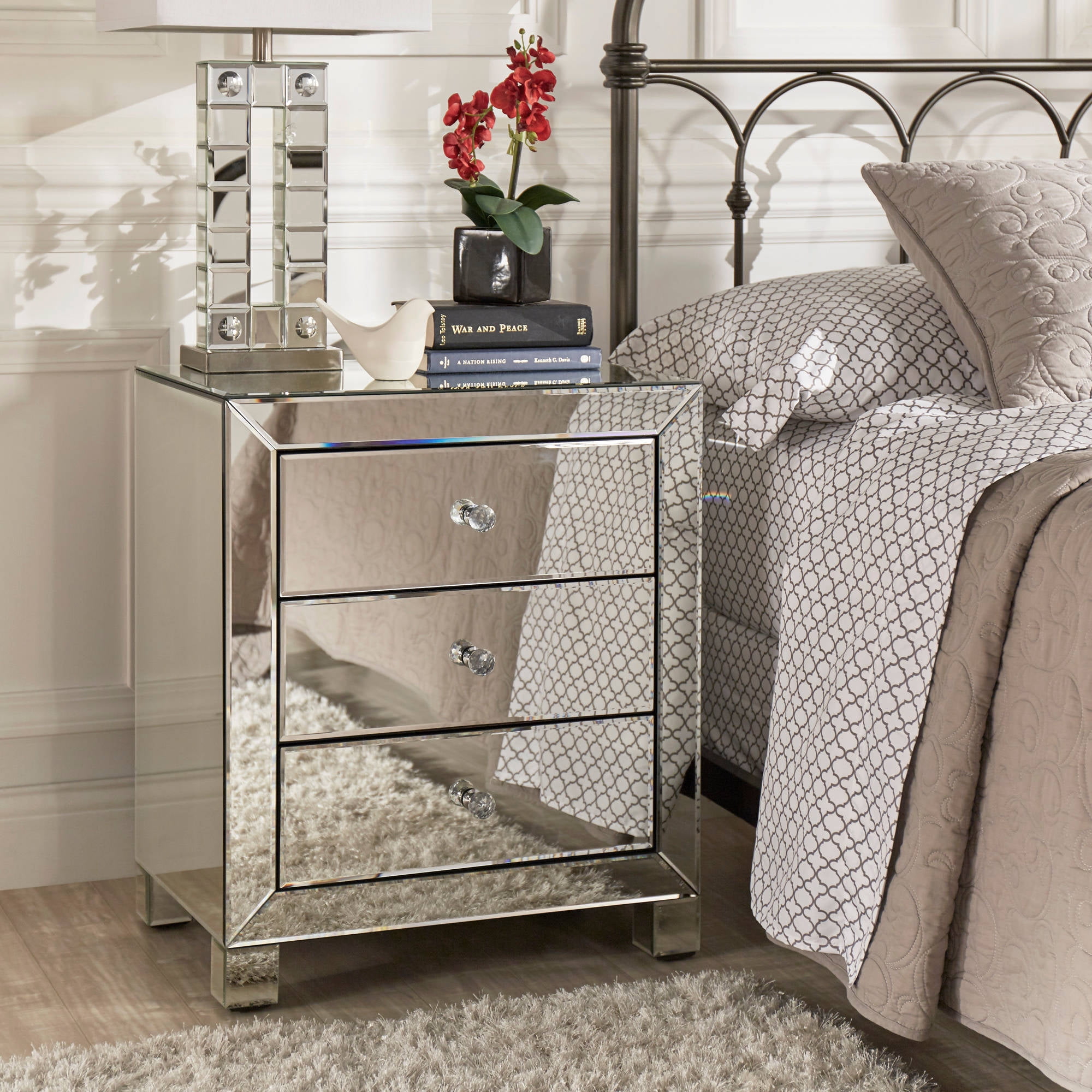 Silver Mirrored 2/3 Drawer Crystal Accent End Beside Table Nightstand Side Table 