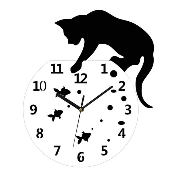 Horloge Murale Chat sur un Bocal à Poissons Acrylique Grande Taille à Pile Silencieuse pour Décoration Intérieure