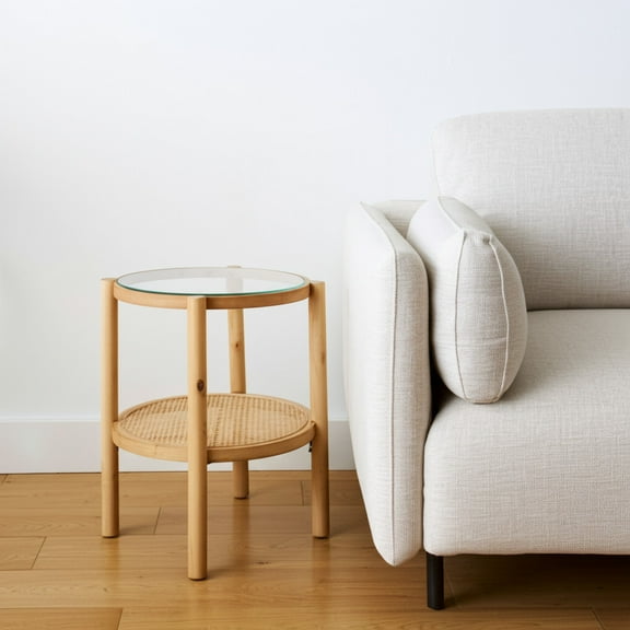 HomeRoots 604038 24 in. Clear & Light Brown Glass & Solid Wood Round End Table with Shelf