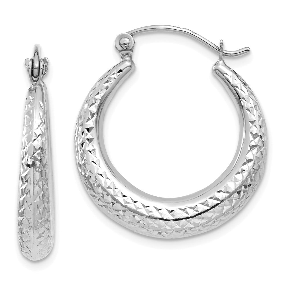 FB Jewels Solid 14K White Gold Diamond-Cut Hoop Earrings