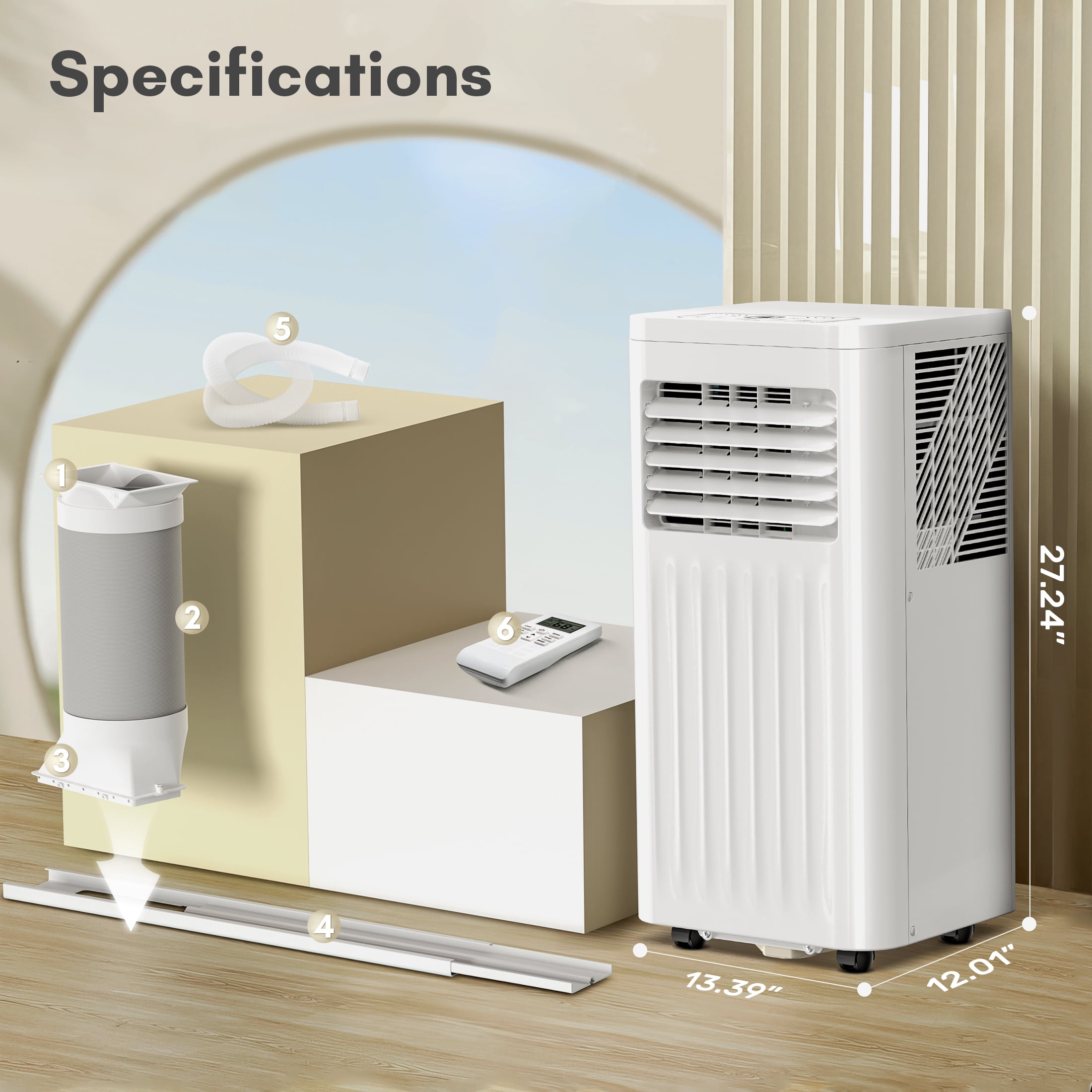 Electactic 8000 BTU Portable Air Conditioner with Window Kit - Quiet, Energy Efficient AC Unit for Rooms up to 250 Sq Ft, Dehumidifier & Fan, Easy Install for Bedroom, Office, White