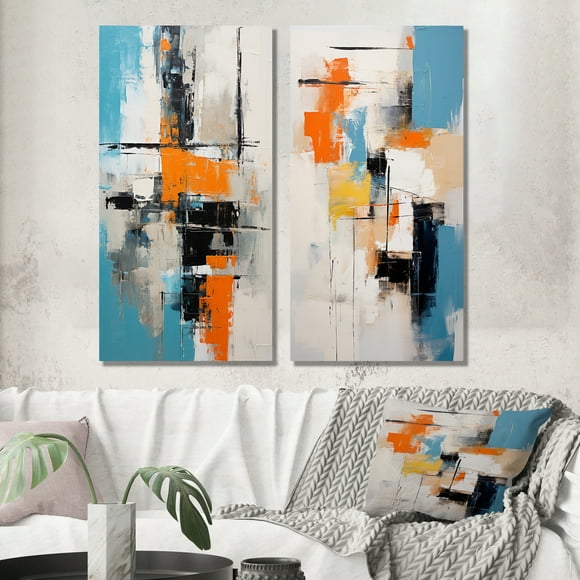 Designart "Cubist Explorations Deconstructed Minimalism III" Abstract Painting Wall Art Set Of 2 - Modern Blue Gallery Set For Office Decor