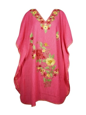 Mogul Women Pink Floral Embroidery Mid Length Caftan Dress V-Neck Kimono Resort Wear Cover Up Kaftan Dresses 2XL