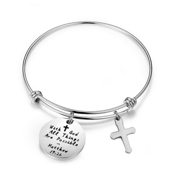 Sliver With God All Things are Possible Cross Bracelet Religious Jewelry Inspirational Gift