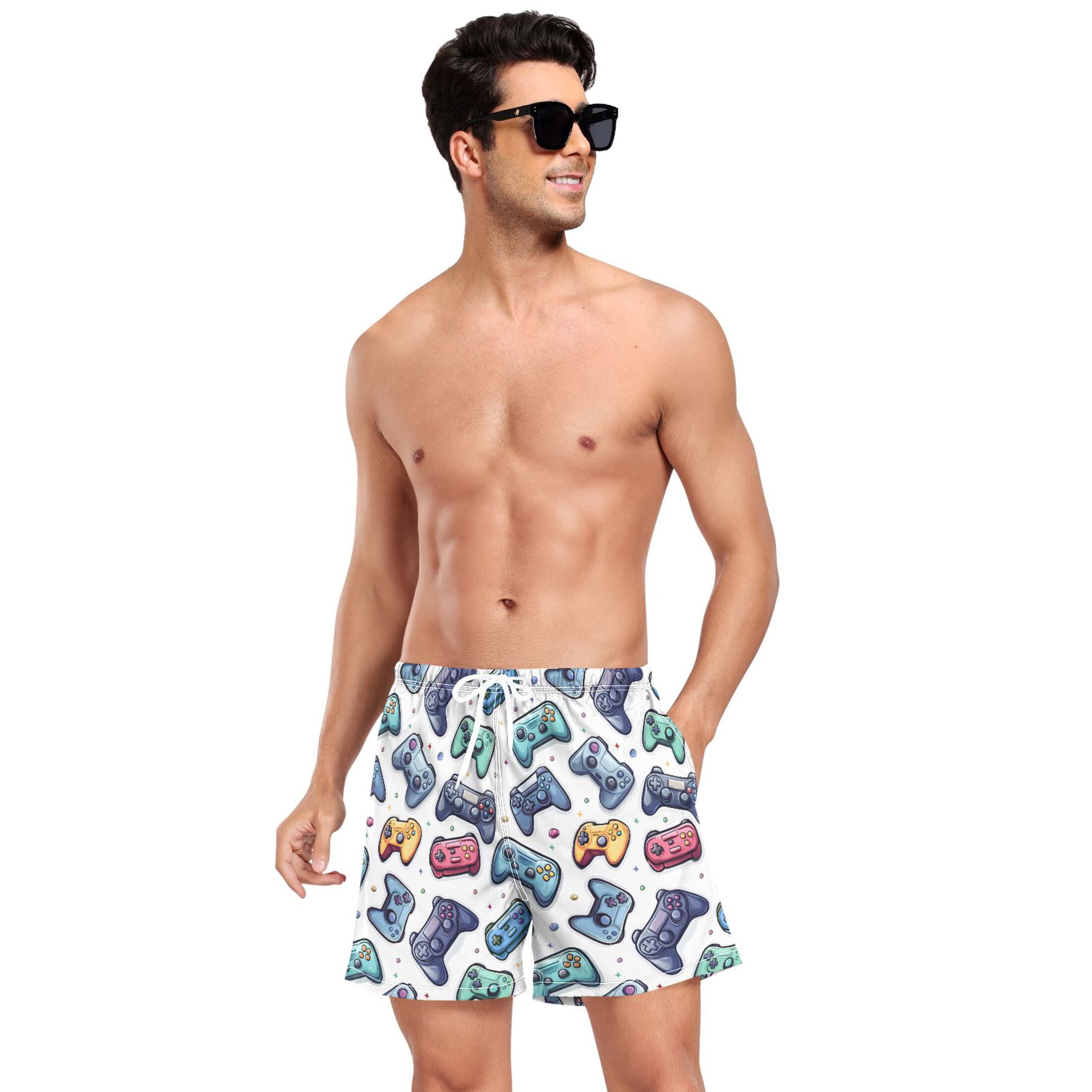 joogoo Men's Cartoon Game Controller Swim Trunks with Liner Pocket Beach Shorts XXL