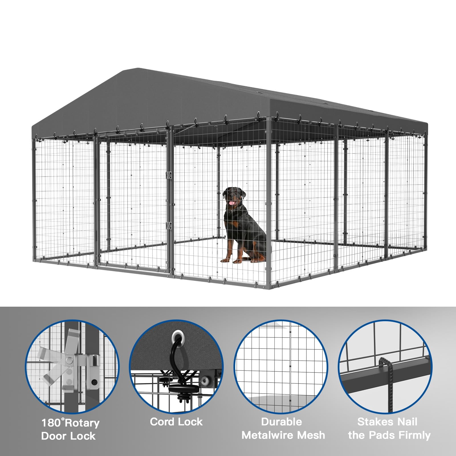 ALAULM Large Outdoor Dog Kennel: Heavy Duty, Galvanized Steel Panels with Roof, Double Safety Locks