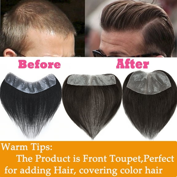 HAIRRO Men's Forehead Hairline Toupee Black Hair for Frontal 100% Human Hair V-Shape Topper Invisible Hairline front Skin PU Back Man Hairpieces Front Hair Topper for Receding Replacement Systems