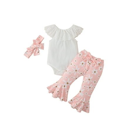 

Frobukio Newborn Baby Girl Clothes Suits Lace Ruffles Sleeveless Romper Floral Flare Pants Headband 3Pcs Sets White 0-3 Months