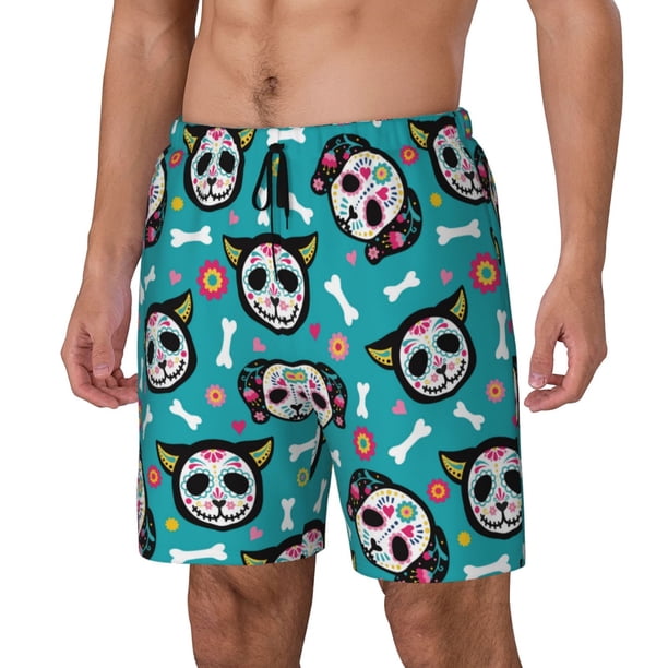 Balery Skull Cat Bañador para hombre, shorts de playa de secado rápido con entrepierna y forro de compresión-Large