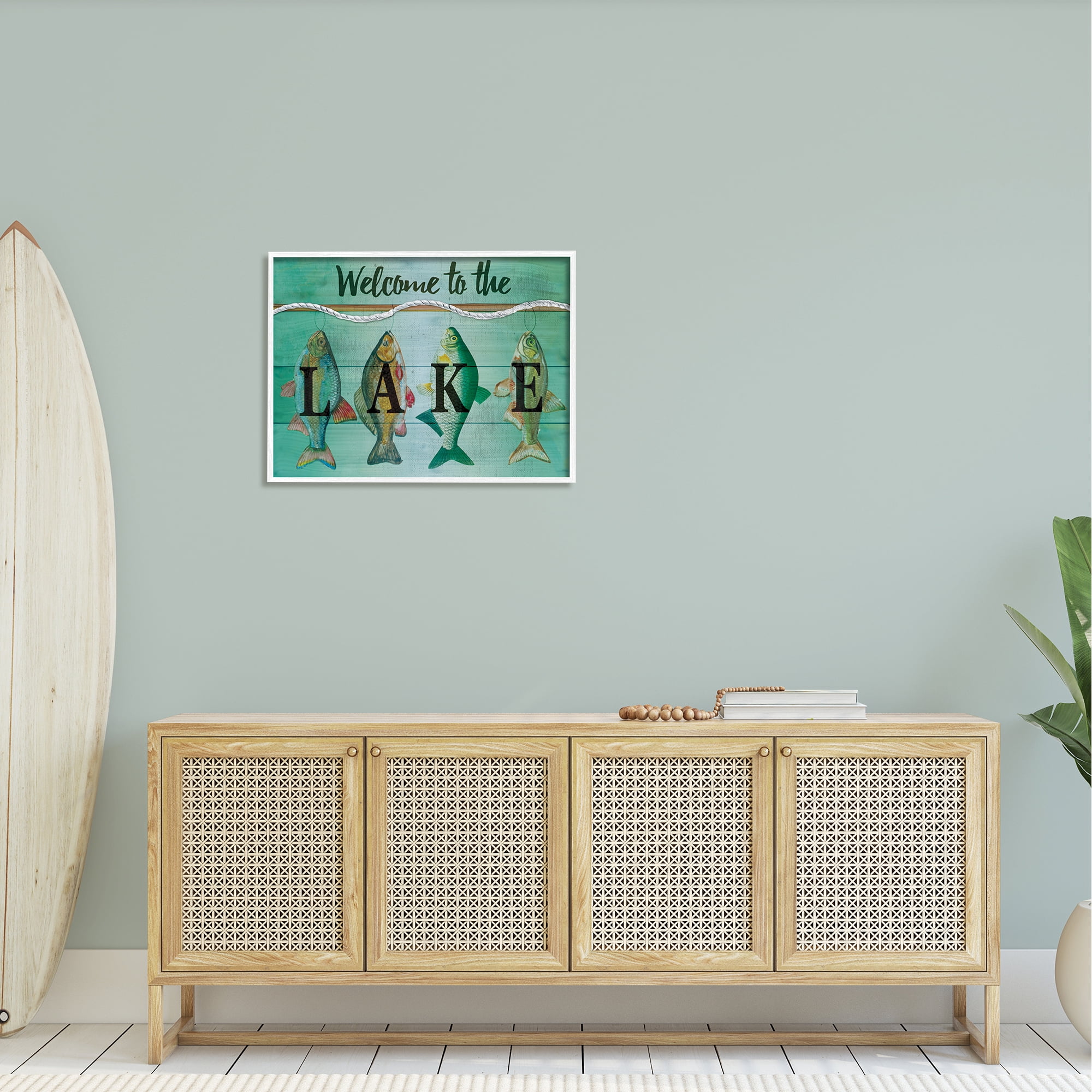 Stupell Welcome Lake Nautical Fishing Rope Landscape Painting White Framed Art Print Wall Art