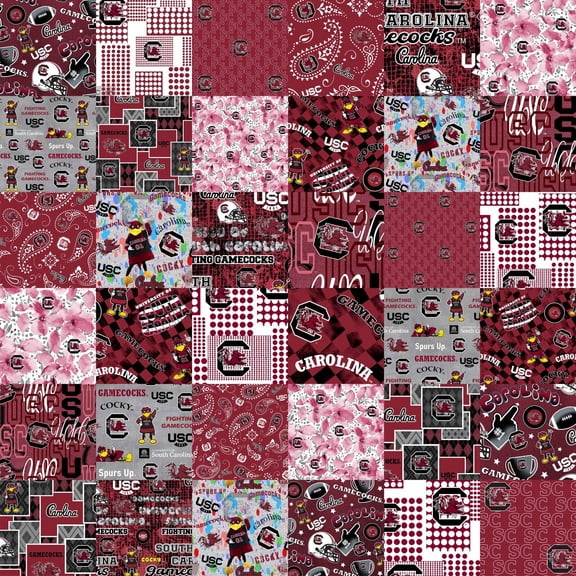 Official Licensed University of South Carolina Cheater Quilt Printed Cotton Fabric-South Carolina Gamecocks Cotton Fabric with Patchwork Cheater Quilt Print-60” Width