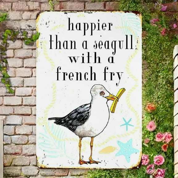 Seagull With French Fry - Great Lake House And Beach House Decor, Coastal Funny Wall Art, Bird Animal Nautical Prints, 12 X 8 Inch Plaque Tin Sign Rustic Decorative Sign & Plaques
