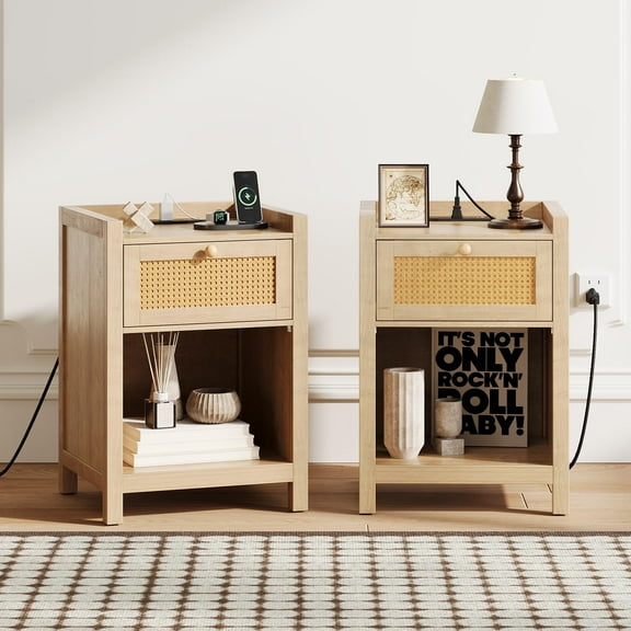 Furpezoo Rattan Nightstand Set of 2 With Built-in Charging Station Outlets , Side Table with 1 Drawer, End Table for Living Room or Bedroom