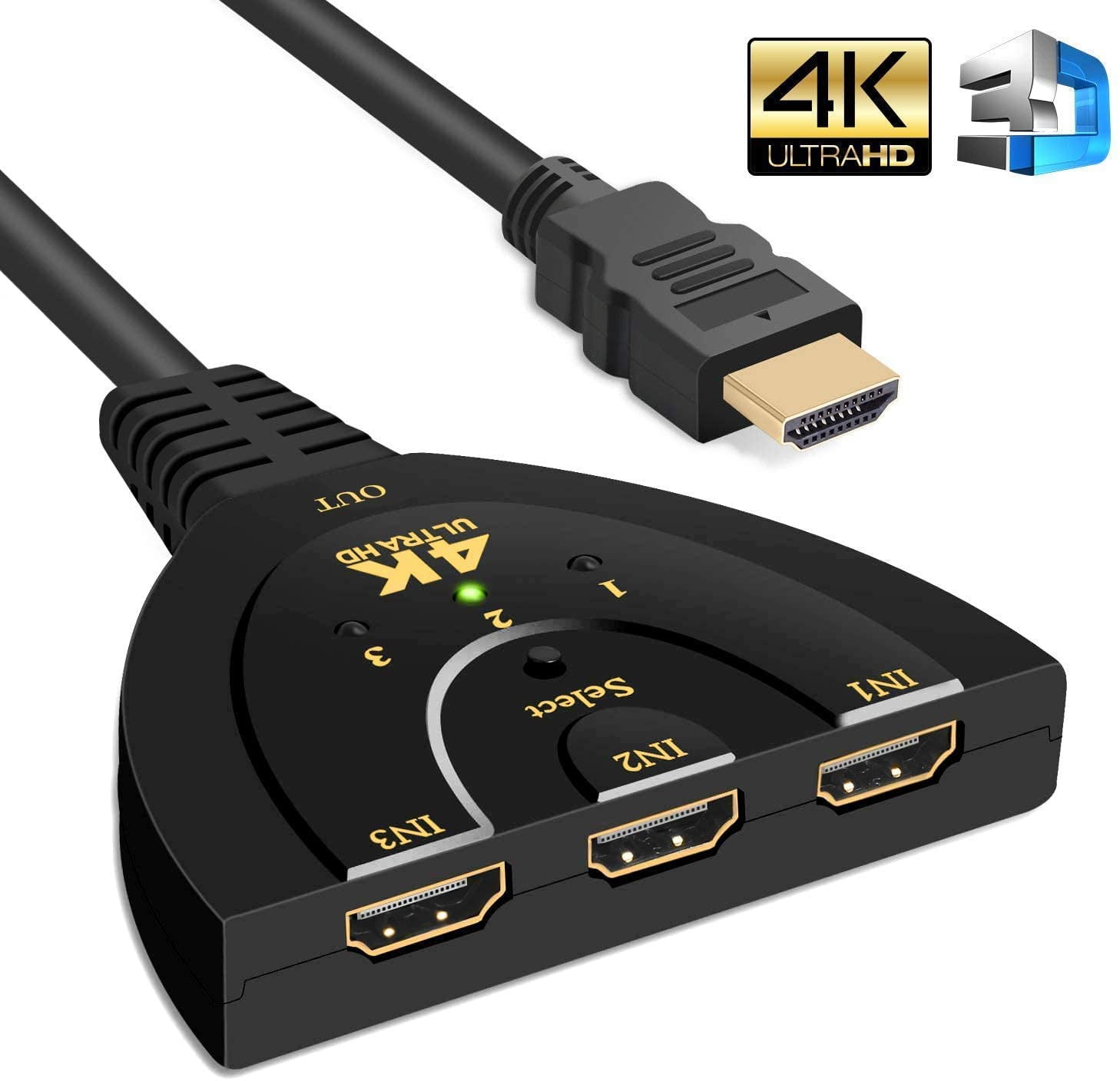 Supports 4K 3D HD 1080P for Xbox PS4 Roku Blu-Ray Player HDTV or 3 x 1 USB External Power Supported HDMI Switcher 3 in 1 Out HDMI Splitter Tekholy HDMI Switch 4K 