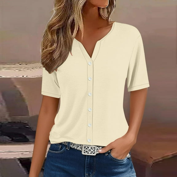 Women's Henley Neck Short Sleeve Shirt, Lightweight Breathable Button-Down Blouse for Casual & Workwear