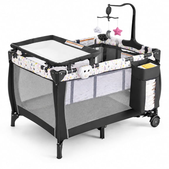 Airfind Portable Baby Playard with Changing Table Bassinet and Music Box, Oxford Cloth Sponge Iron PP Basic Baby Playard Frame, for 0-3 years old