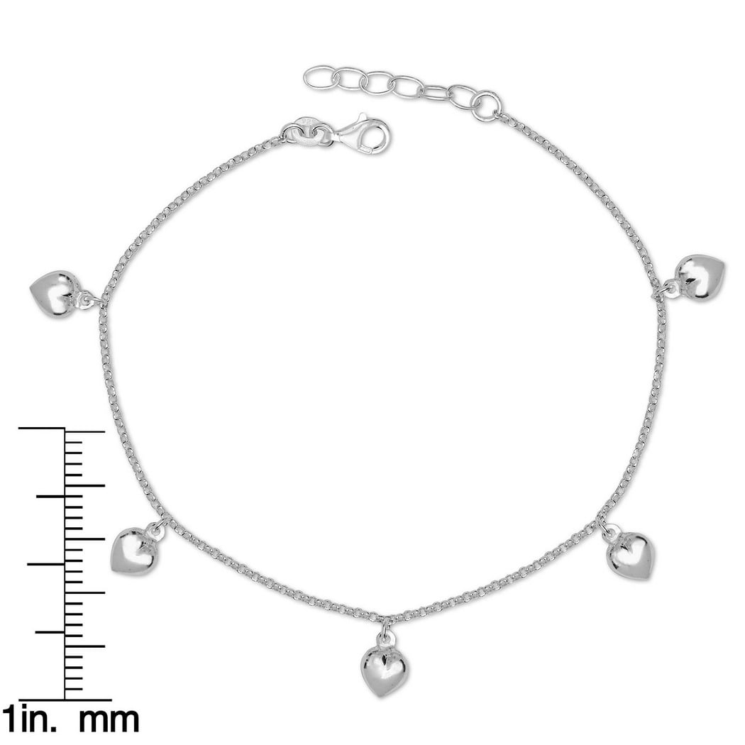 Jewelryweb Italian 925 Sterling Silver 10+1 Inch Dangling Puffed Love Heart Rolo Anklet (11 Inch) Anklet for Women