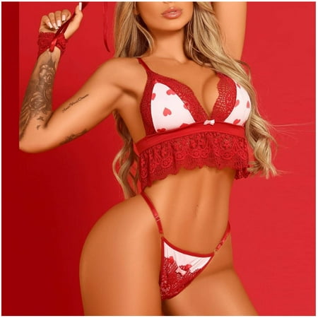

Lingerie for Women Dqueduo Women s Love Printing Ultra-thin Halterneck See-Through Sexy Suit Sexy Lingerie Underwear Set Valentines Day Gifts on Clearance