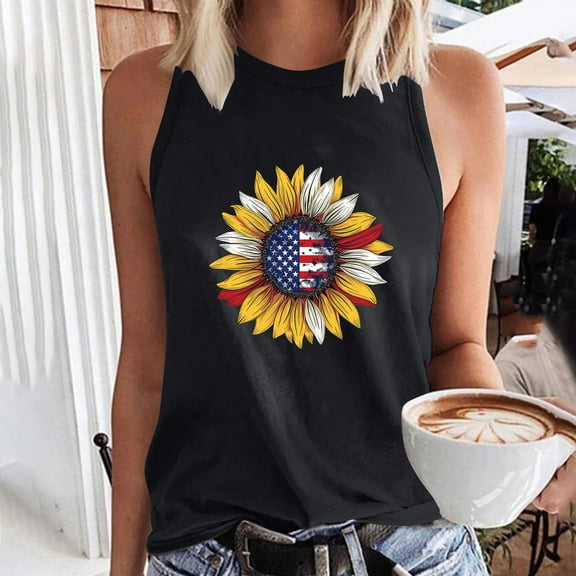 CFLVAEK 4th of July Tank Top for Women Funny Sunflower American Flag Print Shirts Casual Sleeveless Crewneck Independence Day Tank Tops M