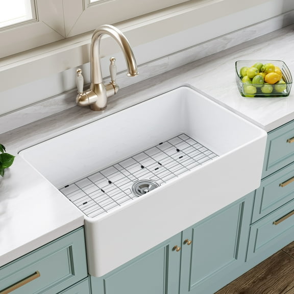 HOROW 33" L x 20" W Fireclay Farmhouse Kitchen Sink with Sink Grid and Basket Strainer