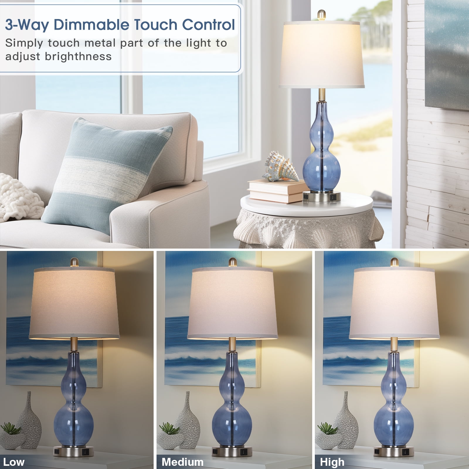 Cinkeda Coastal Table Lamps Set of 2 for Living Room Bedroom 28.5" Nautical Blue Glass Double Gourd 3 Way Dimmable Touch Control Bedside Nightstand Lamp with USB A+C Ports AC Outlet