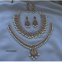 Indian Bollywood Gold Plated AD Choker Bridal Necklace Earrings Jewelry Set Combo 2- South Indian Bridal Choker with Cubic Zirconia Pearl Ruby Pakistani Wedding Party Wear Gold Plated CZ Necklace Set