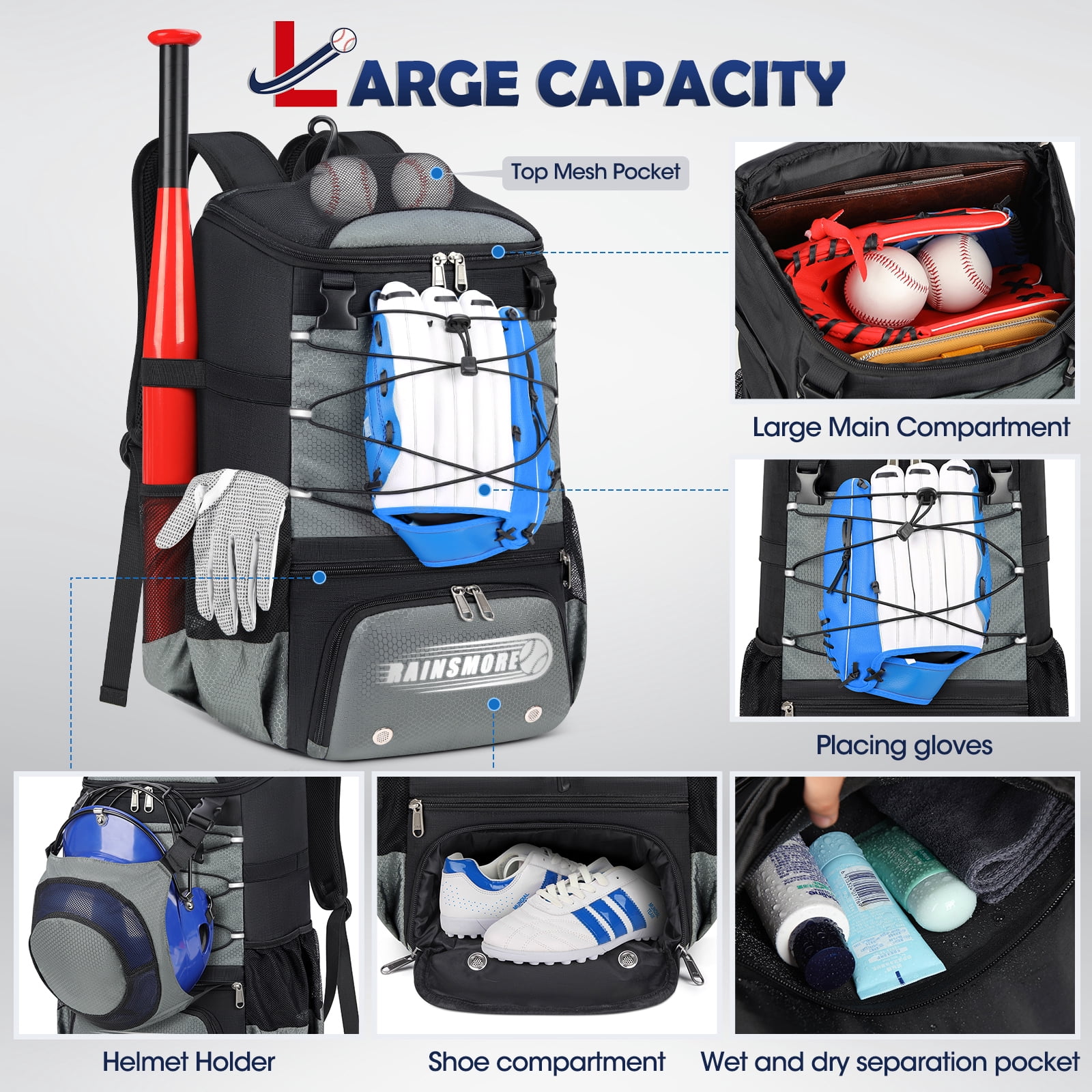 Baseball Bag for Youth & Adult Lightweight Softball Bat Bag with Shoe Compartment, External Helmet Holder and Fence Hook Waterproof Baseball Backpack Hold T-Ball, Bat and Softball Equipment, Grey