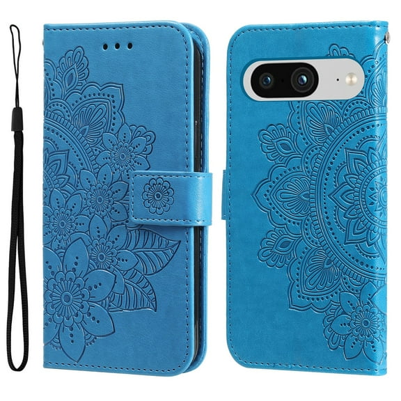 SaniMore for Google Pixel 8 Case with Wrist Strap, Fashion Flower Embossing Design for Girls/Women, Dual Magnet Card Holder Wallet Cover Kickstand Shockproof for Google Pixel 8, Blue