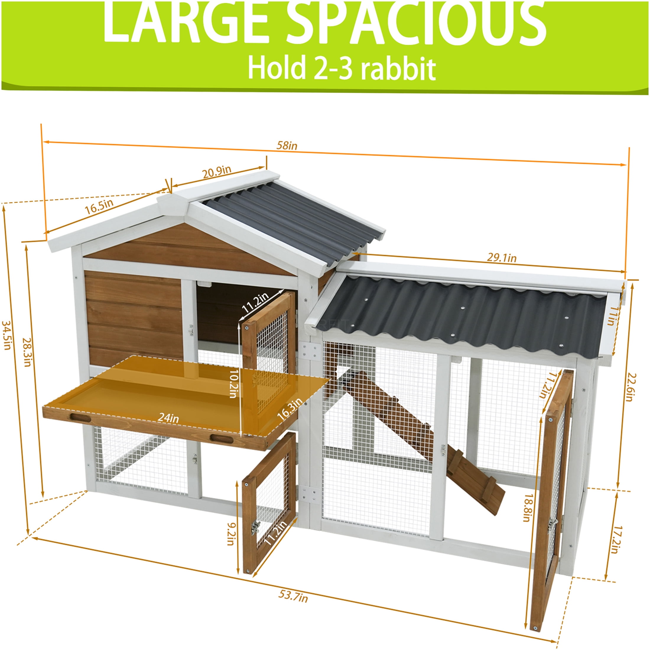 JERFIT 58 Inch Large Wooden Rabbit Hutch with Waterproof Roof, Outdoor Bunny Cage with Ramp & Pull-Out Tray for Rabbits, Guinea Pigs, Small Pets