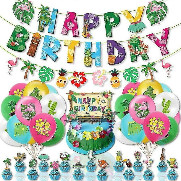 Tropical Hawaiian Theme Happy Birthday Party Decor Banner Balloon Cake/cupcake Toppers Kit