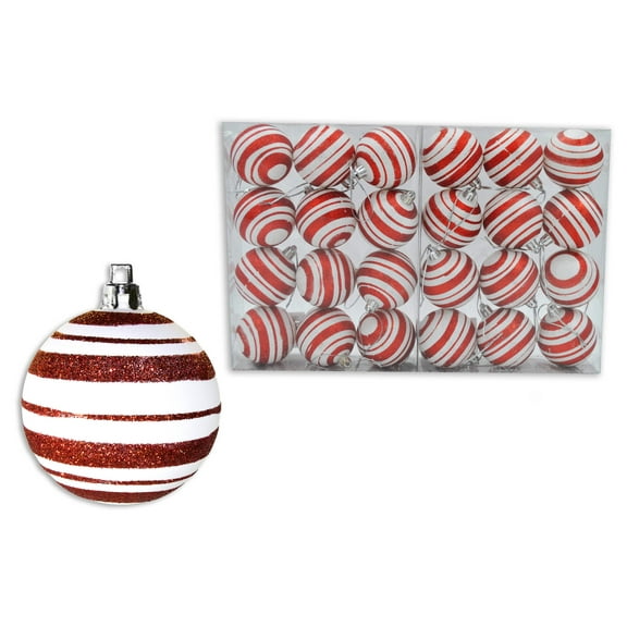 24 Pack of Matte White Ball Ornaments with Red Glitter Lines