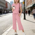 thumbnail image 3 of FRSASU Girls Summer 2 Piece Outfit Set Short Sleeve Henley Top and Drawstring Wide Leg Pants Solid Color Loungewear Pink, 3 of 9